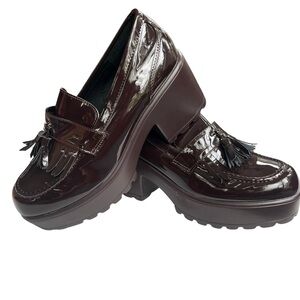 CUCCOO Women’s 37 Coffee Brown Tassel Detail Shiny PU Leather Thick Sole Loafers